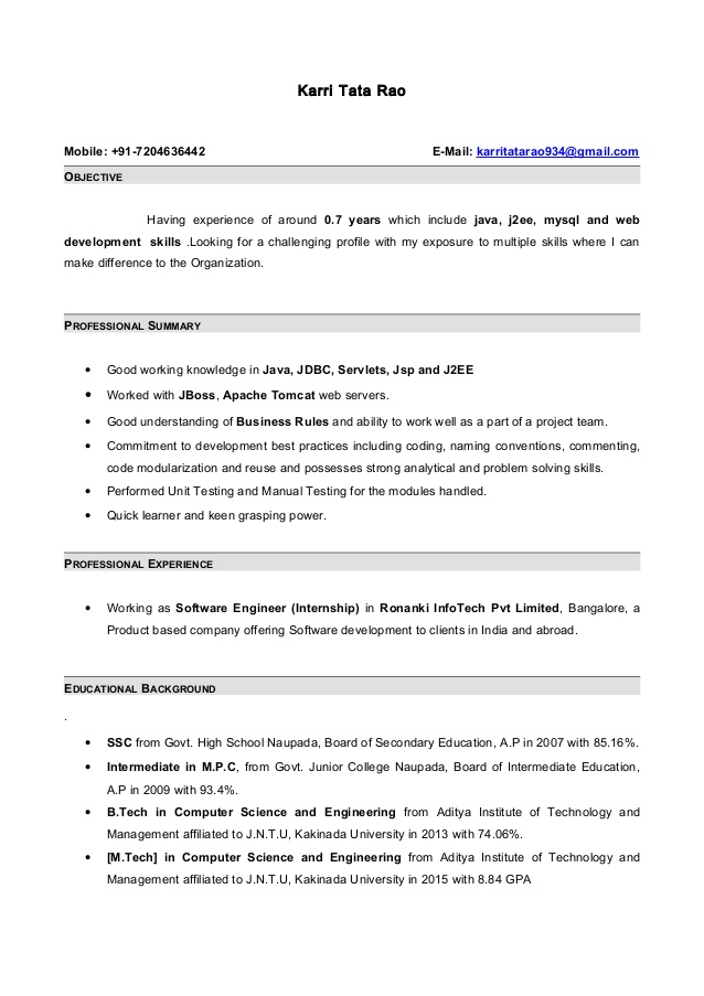 Resume Format For 6 Months Experienced Software Engineer  