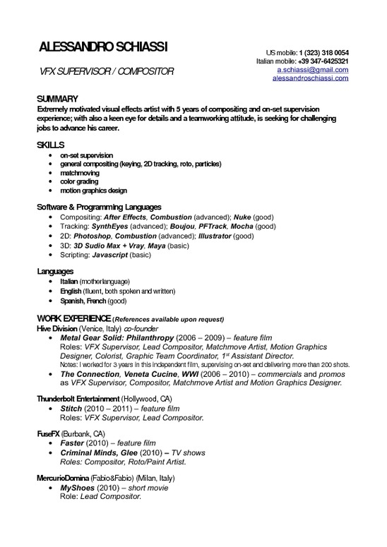 Resume Format Vfx Freshers  