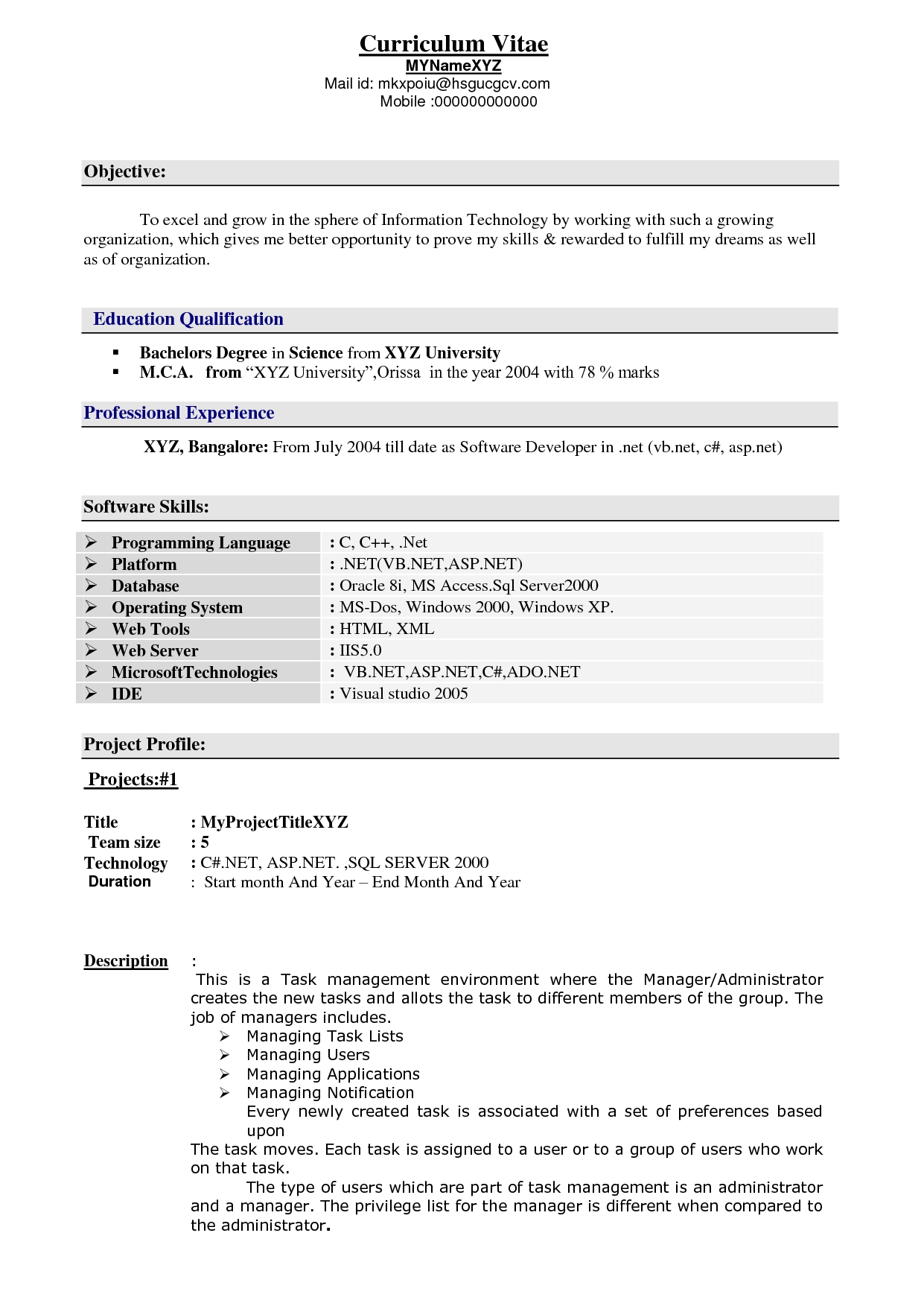Resume Format 1 Year Experienced Software Engineer  