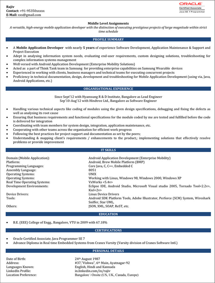 Resume Format For 6 Months Experienced Software Engineer  
