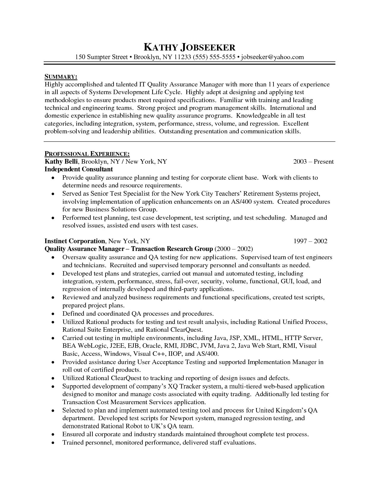 Resume Templates Quality Assurance Manager  