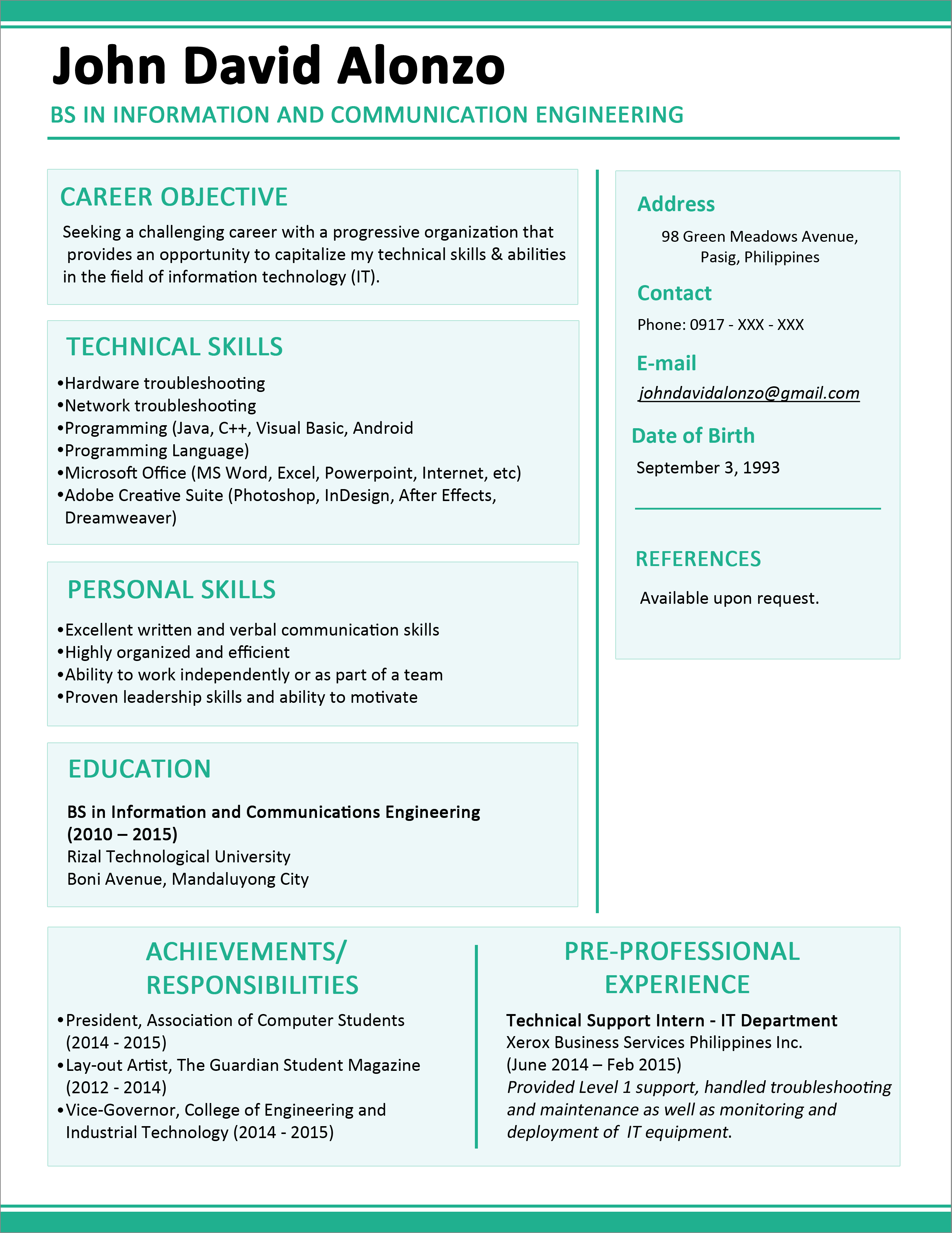 1 Page Resume Format For Freshers  
