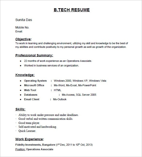 B.E Resume Format For Freshers  