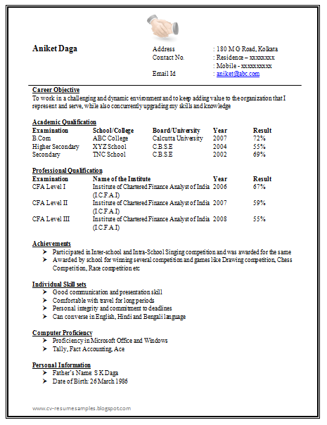 1 Page Resume Format For Freshers  