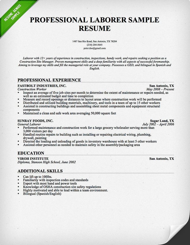 Resume Examples Construction 
