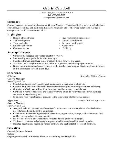 Resume Examples General Manager 