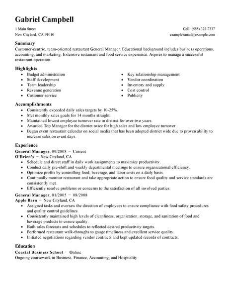 Resume Examples General Manager 