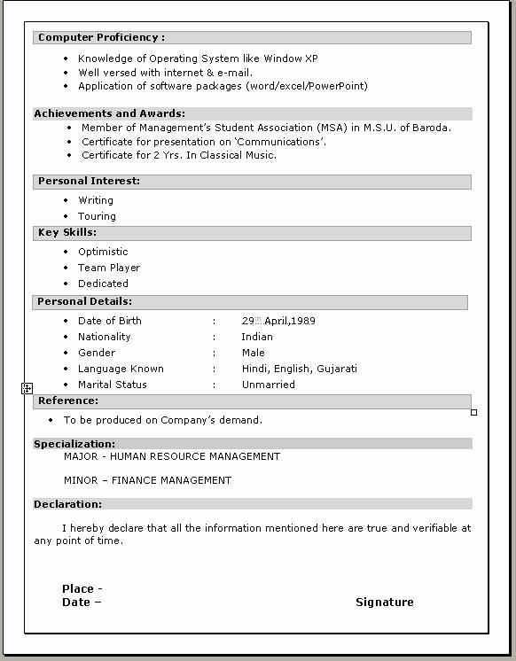 Resume Format Gujarat 