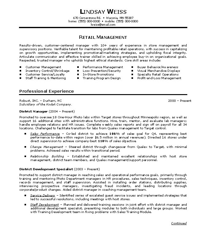 Resume Examples Retail Manager 