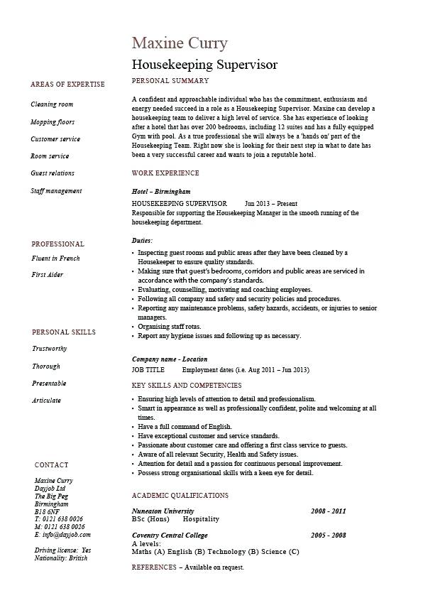 Resume Format Housekeeping 
