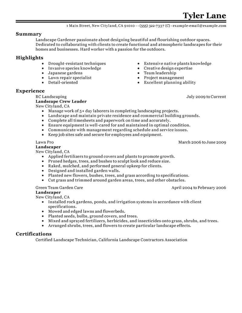 Resume Examples Landscaping 