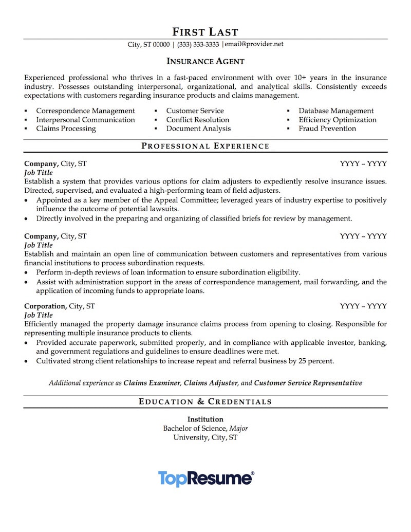 Resume Examples Insurance 