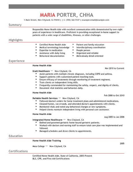 Resume Examples Home Health Aide 
