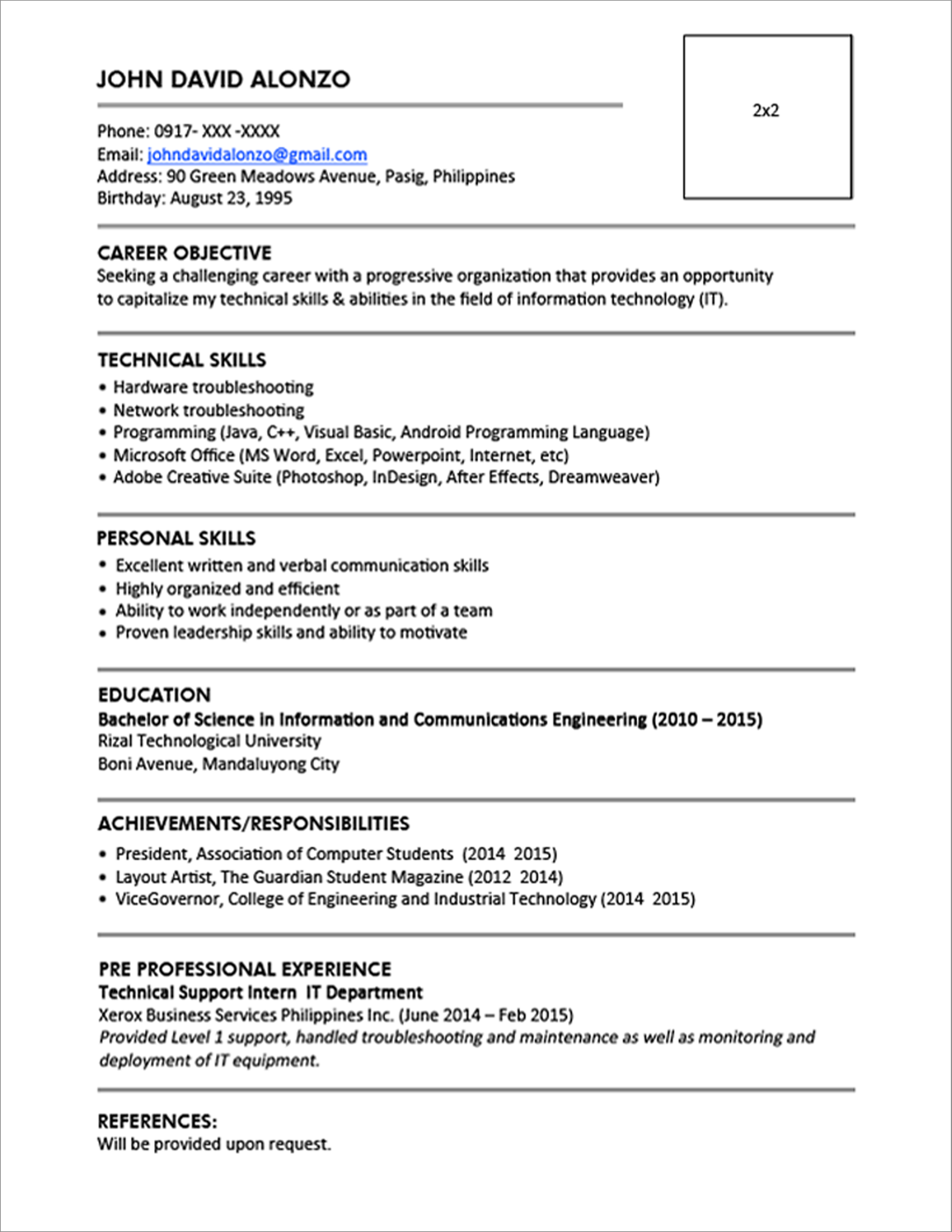 Resume Format One Page 