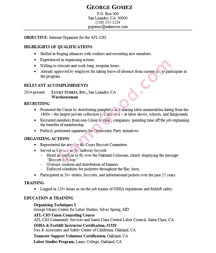 Resume Examples Union Workers 