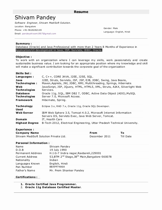 Resume Format For 5 Years Experience In Java 