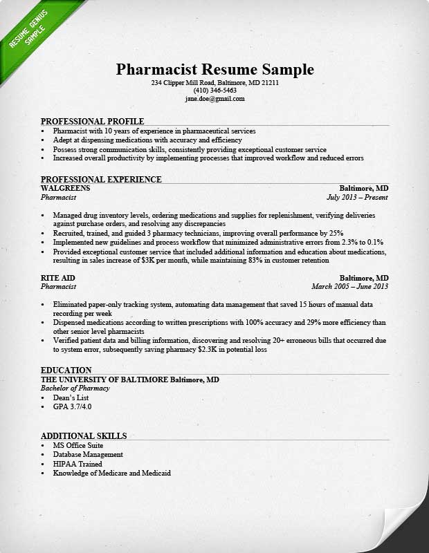 Resume Examples Pharmacist 