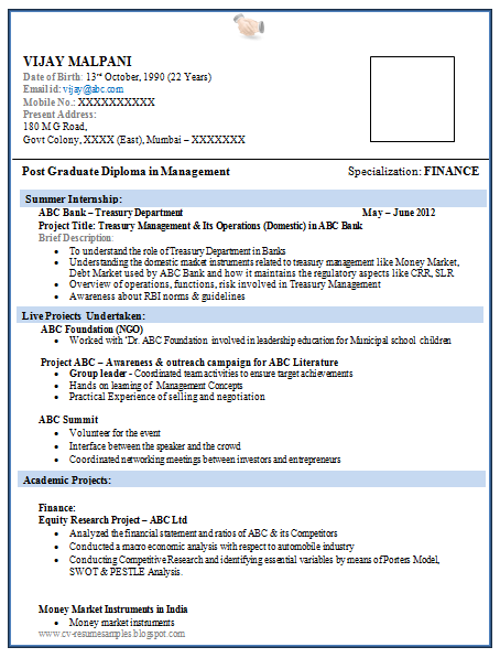 1 Page Resume Format For Freshers 