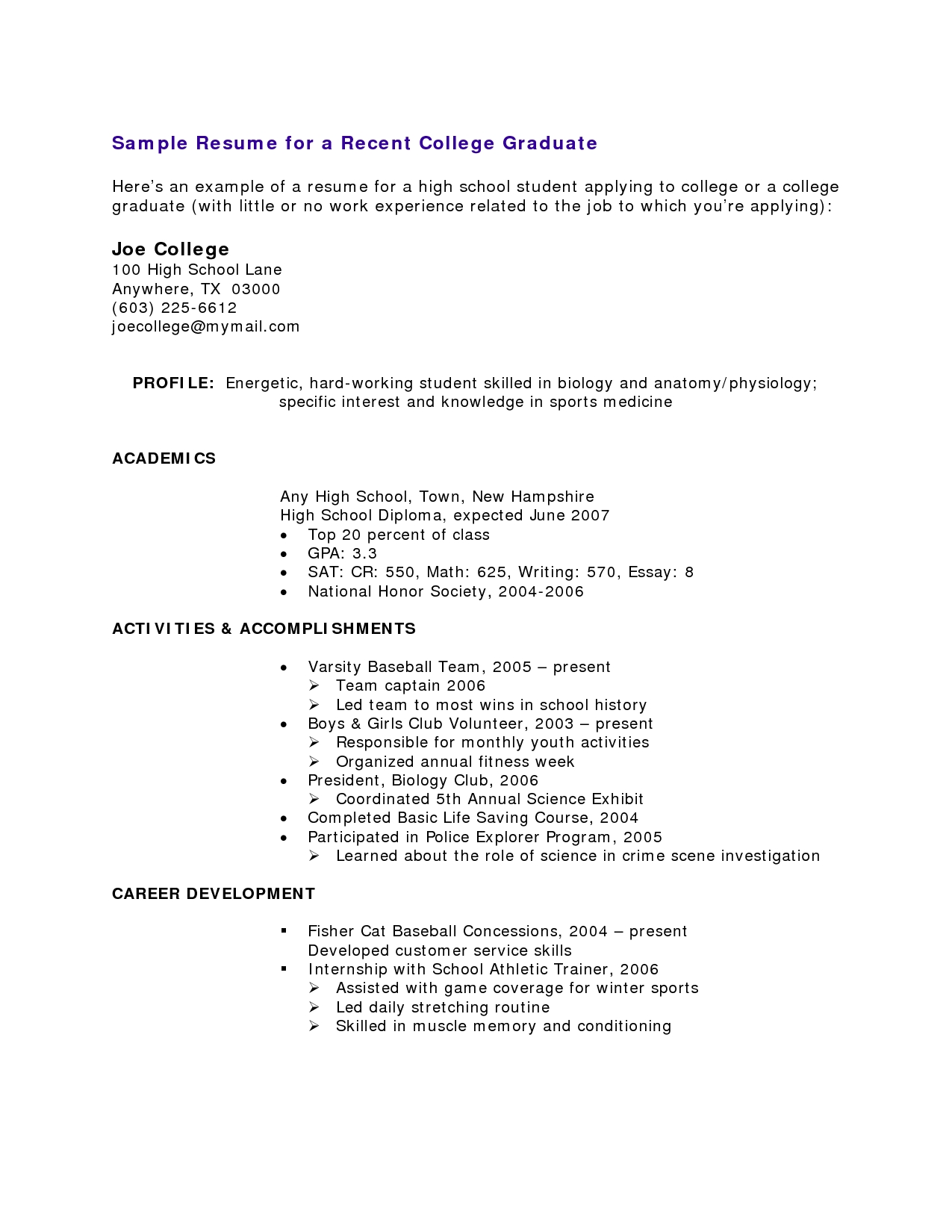 Resume Format One Job 
