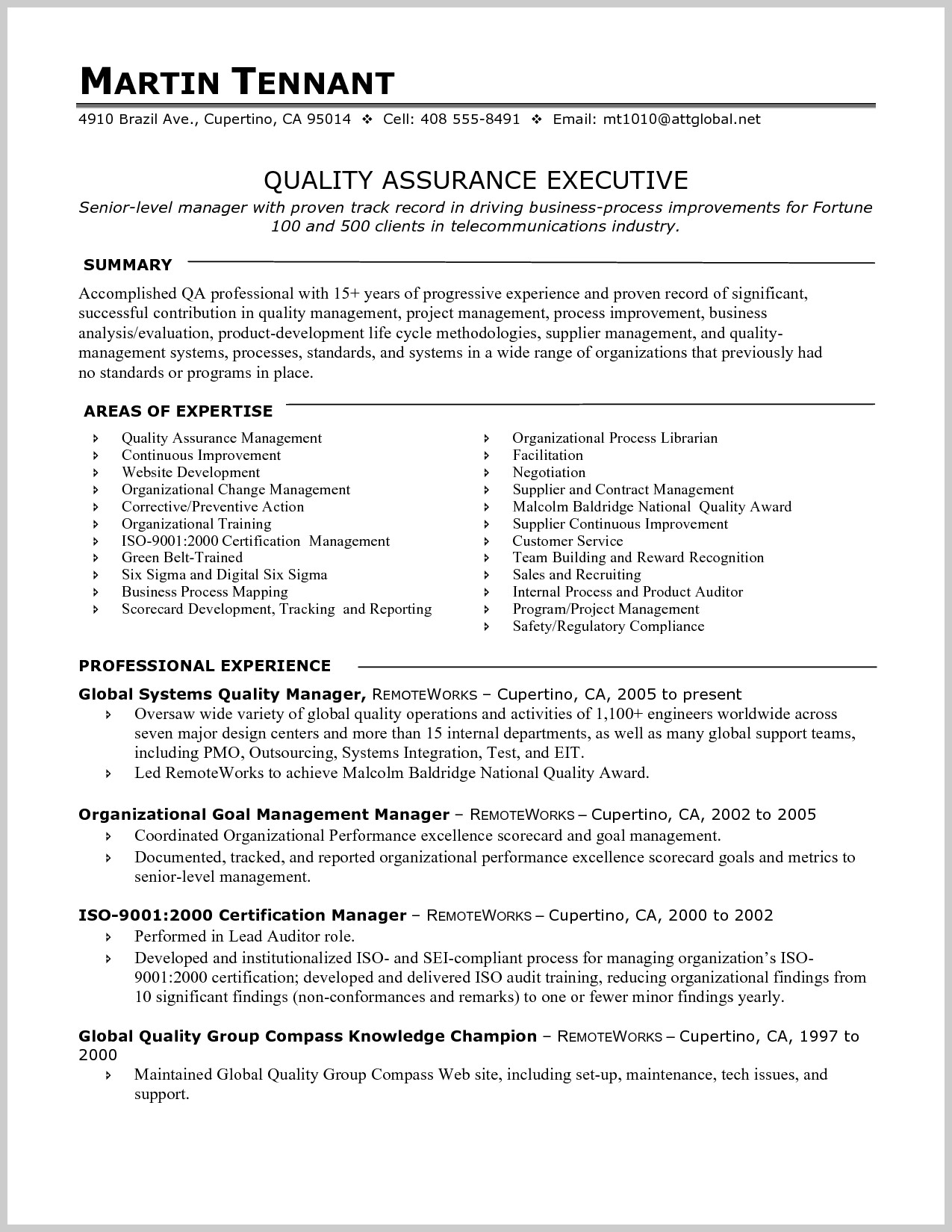 Resume Templates Quality Assurance Manager 