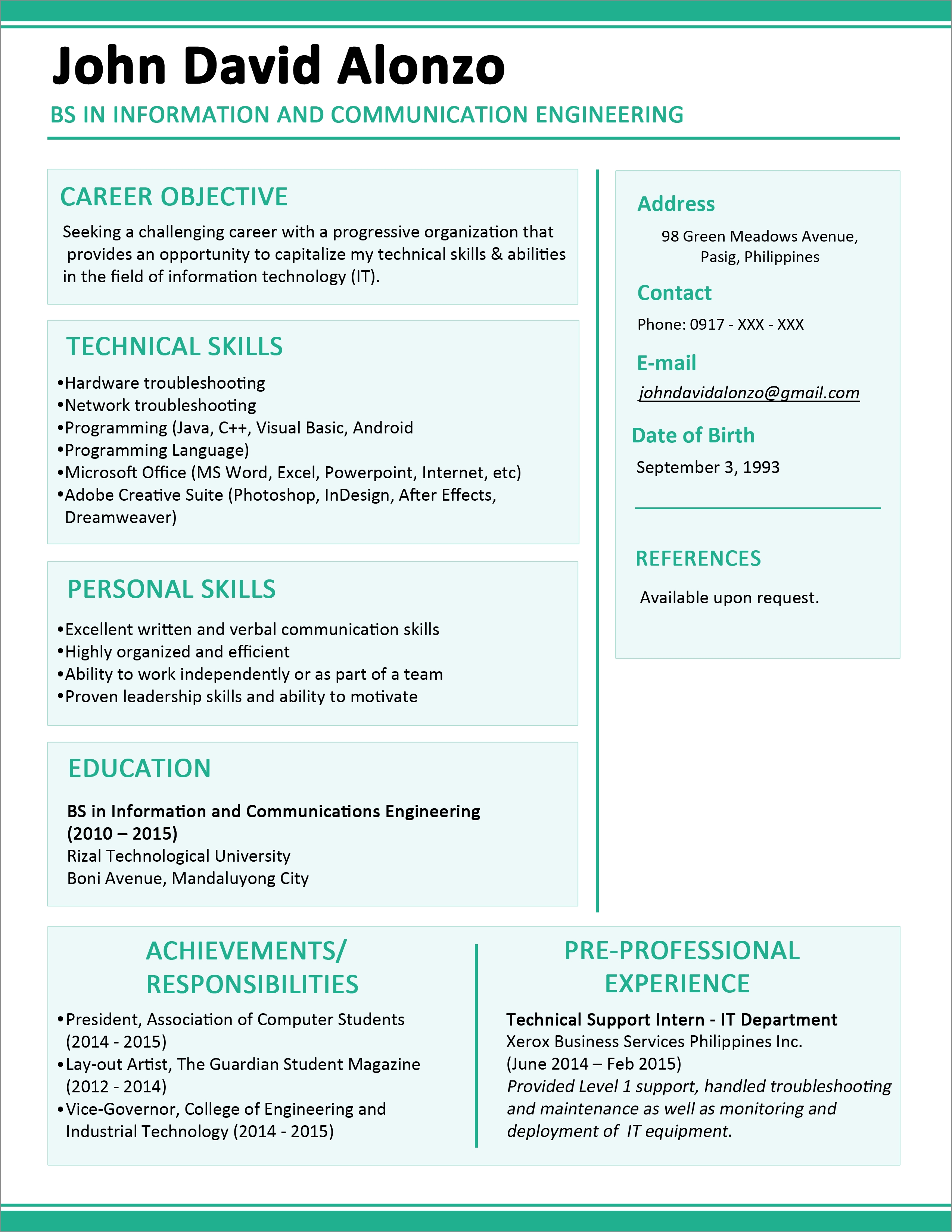 Resume Format One Job 