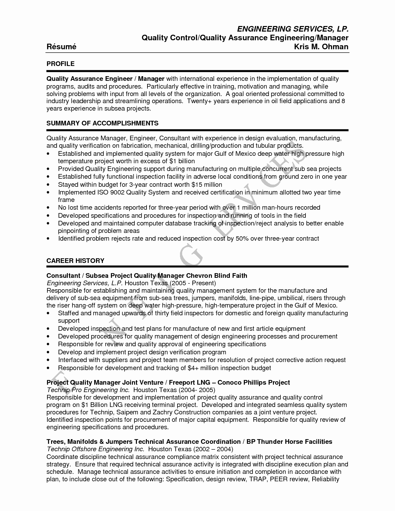 Resume Format Quality Engineer 
