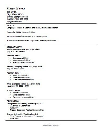 Resume Templates Printable 