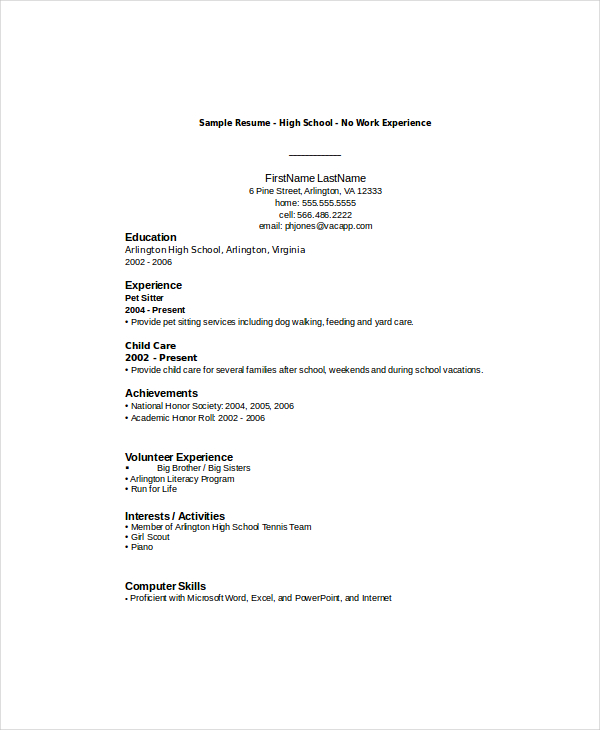 Resume Format No Experience 