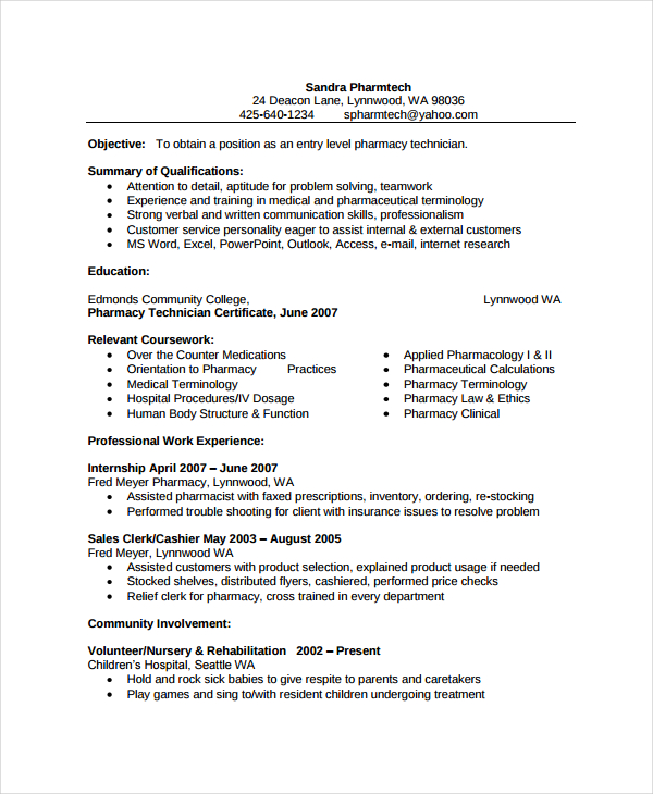 D Pharmacy Resume Format 