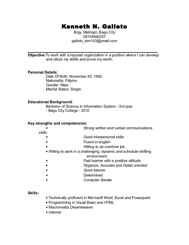 Example Of Resume Format For Student 