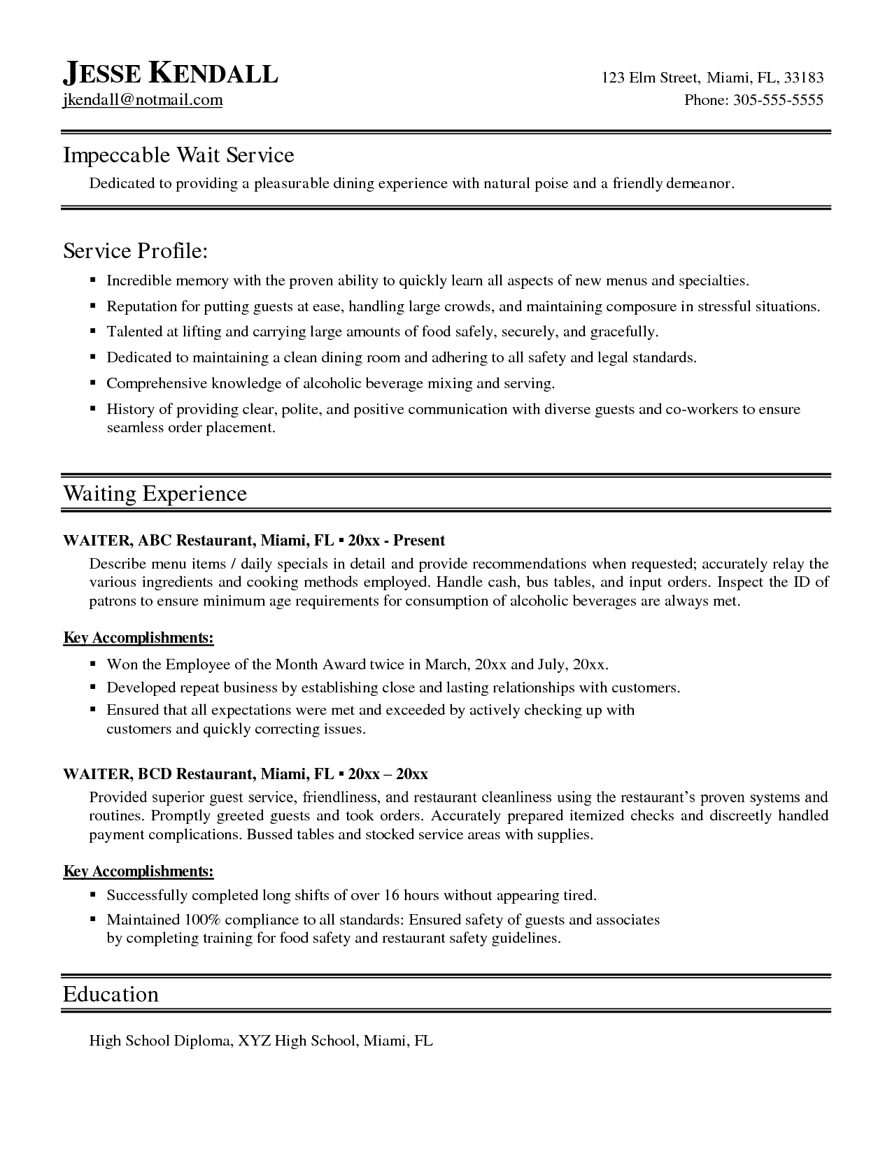 Resume Examples Waitress 