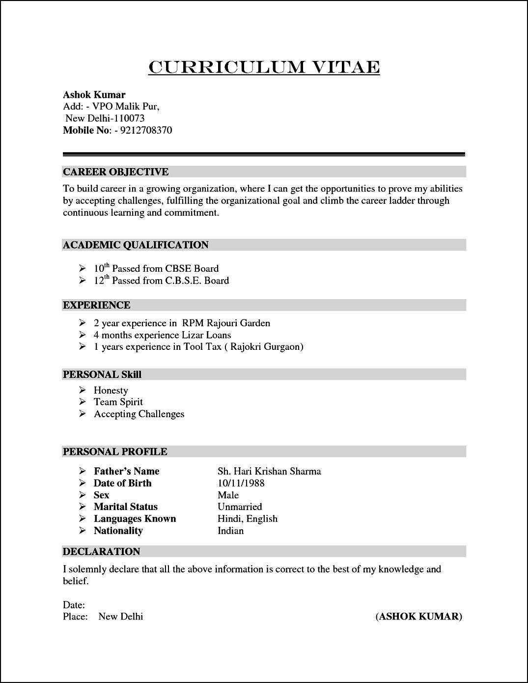 Resume Format For 4 Months Experience 