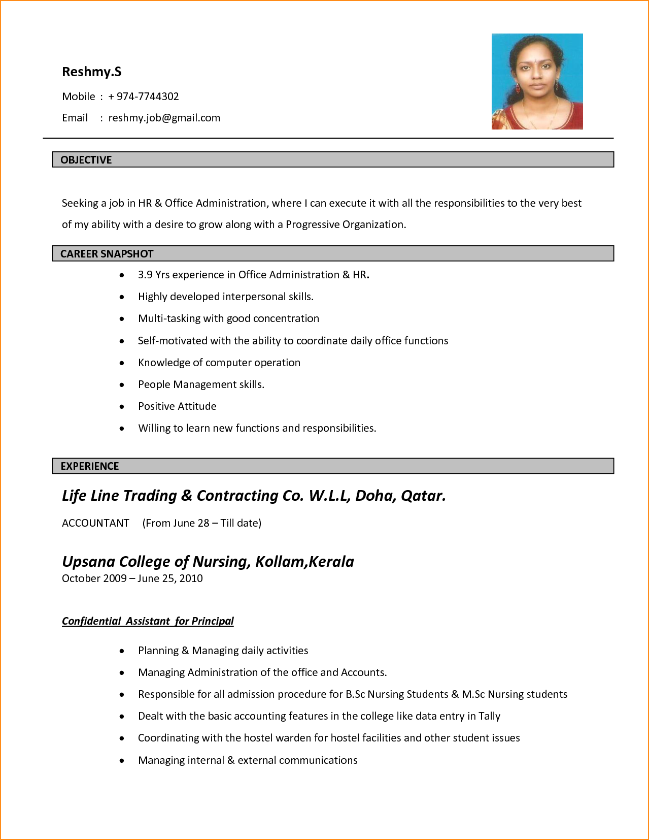 Resume Format Kerala 