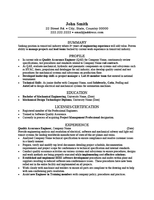 Resume Format Quality Engineer 