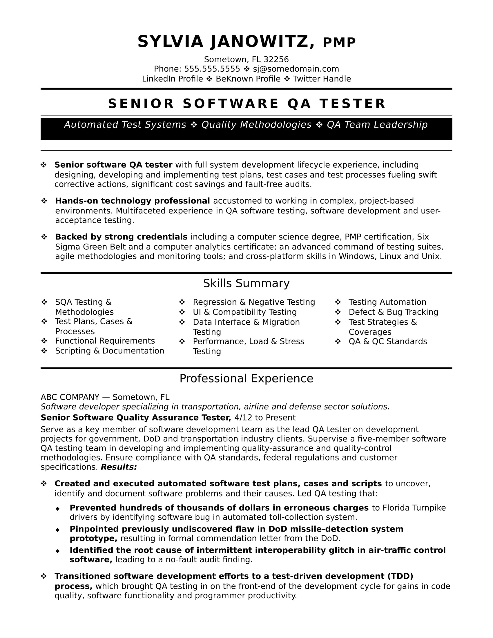 Resume Templates For Qa Tester 