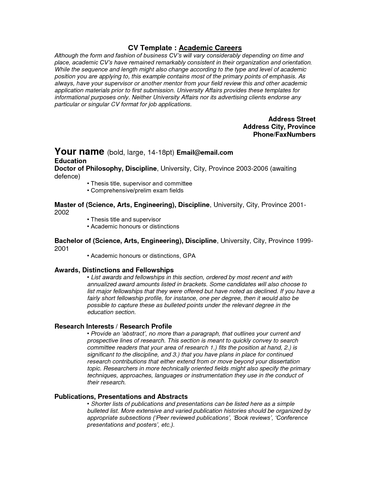 Resume Format Academic 