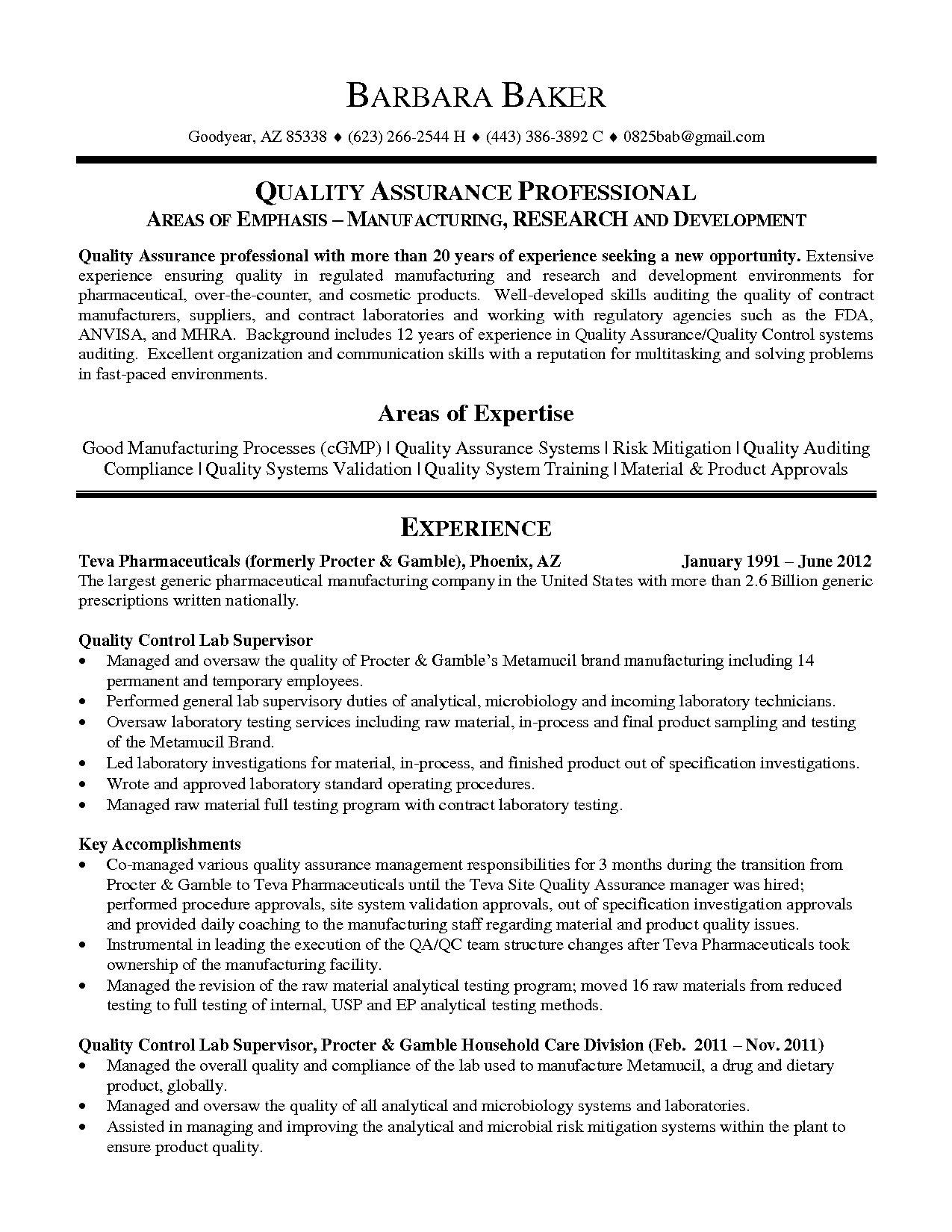 Resume Format Quality Control Manager 