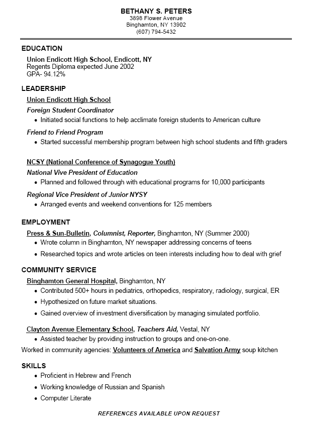Resume Templates For High School Students 