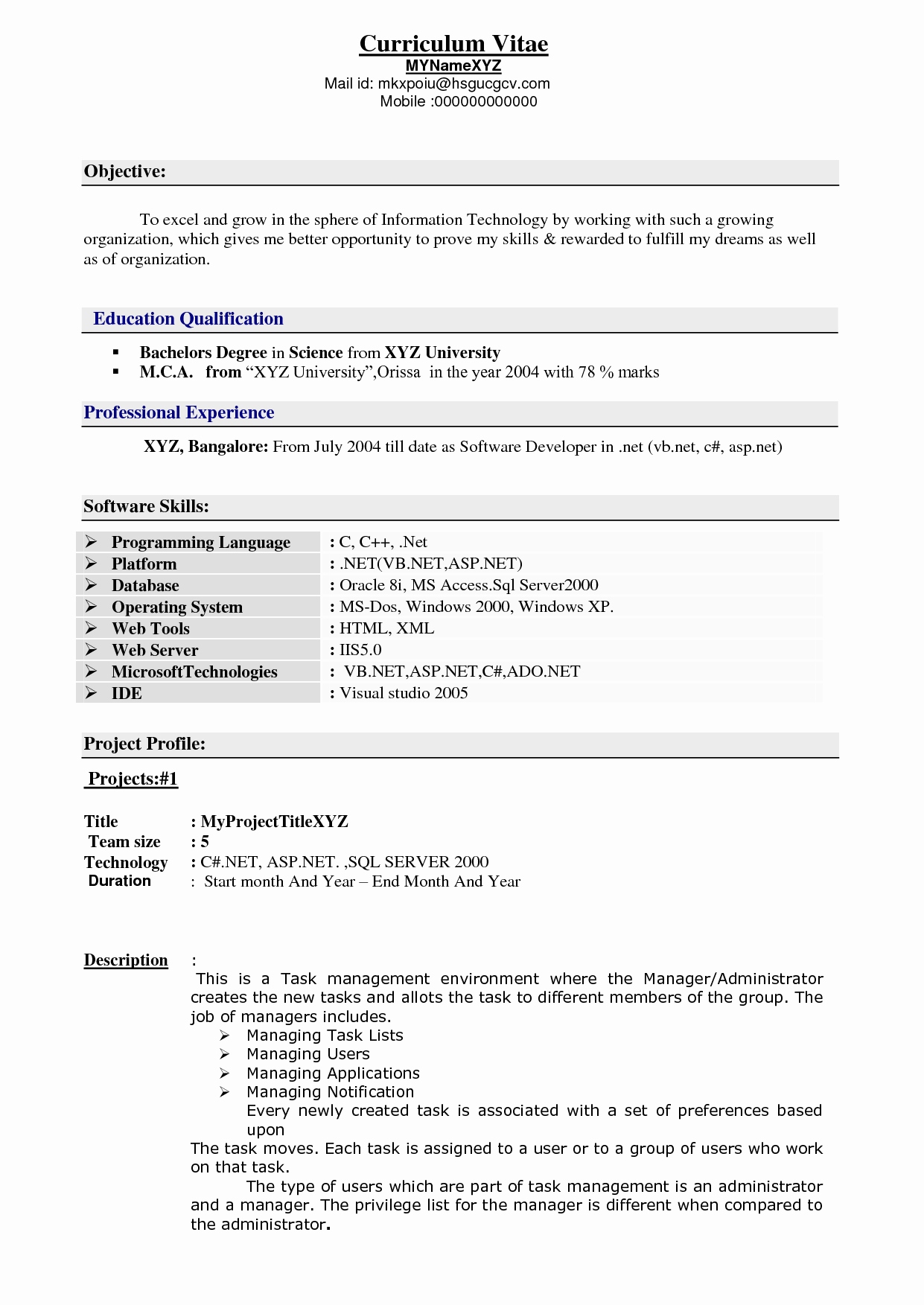 Experience Resume Format For Xml Developer 