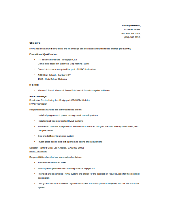 A/C Technician Resume Format 
