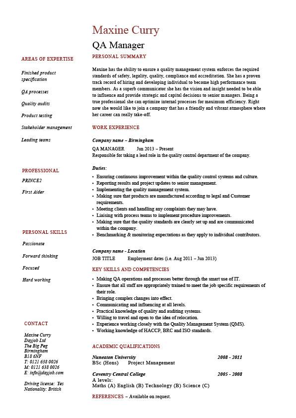 Resume Templates Quality Assurance Manager 