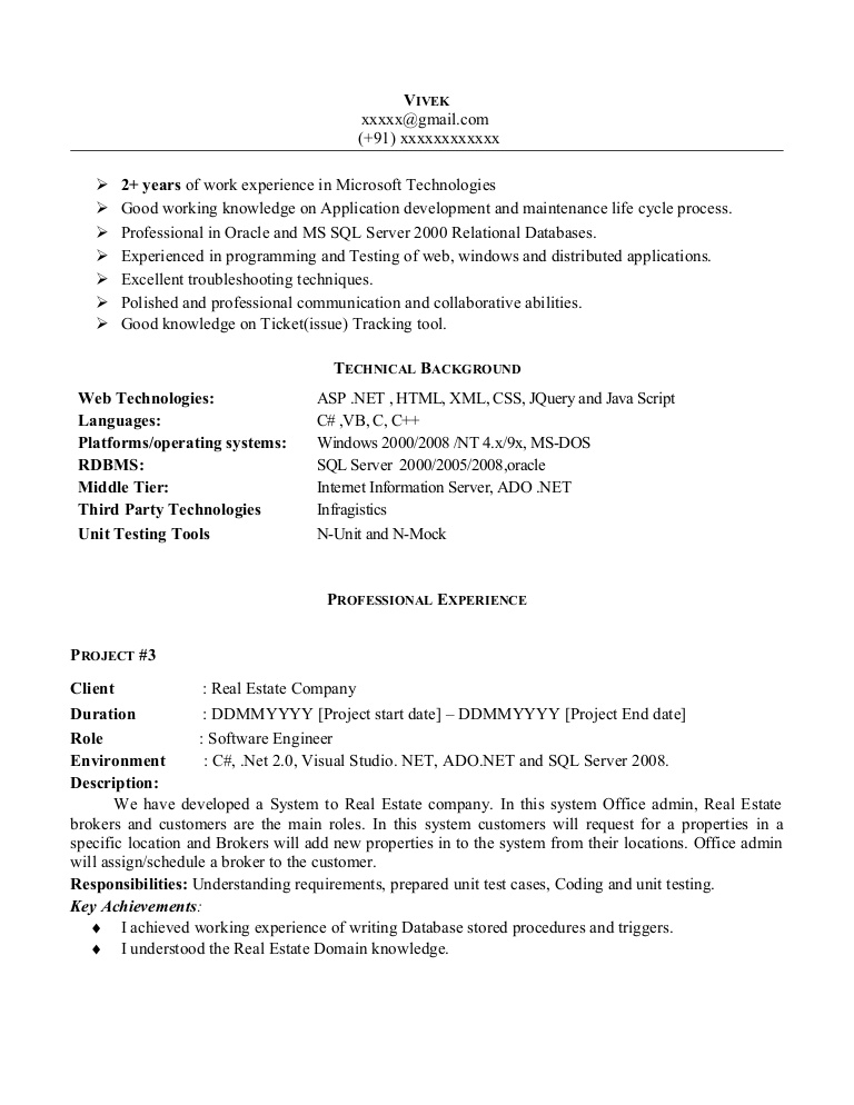 Sample Resume Format For 8 Months Experience 