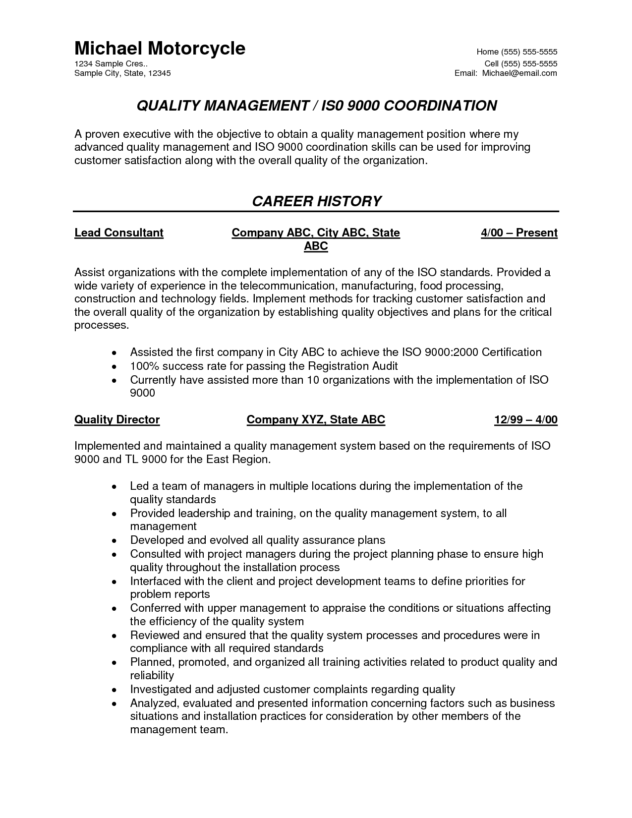 Resume Format Quality Control Manager 