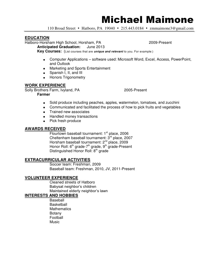 Resume Examples For Grade 9 Students 