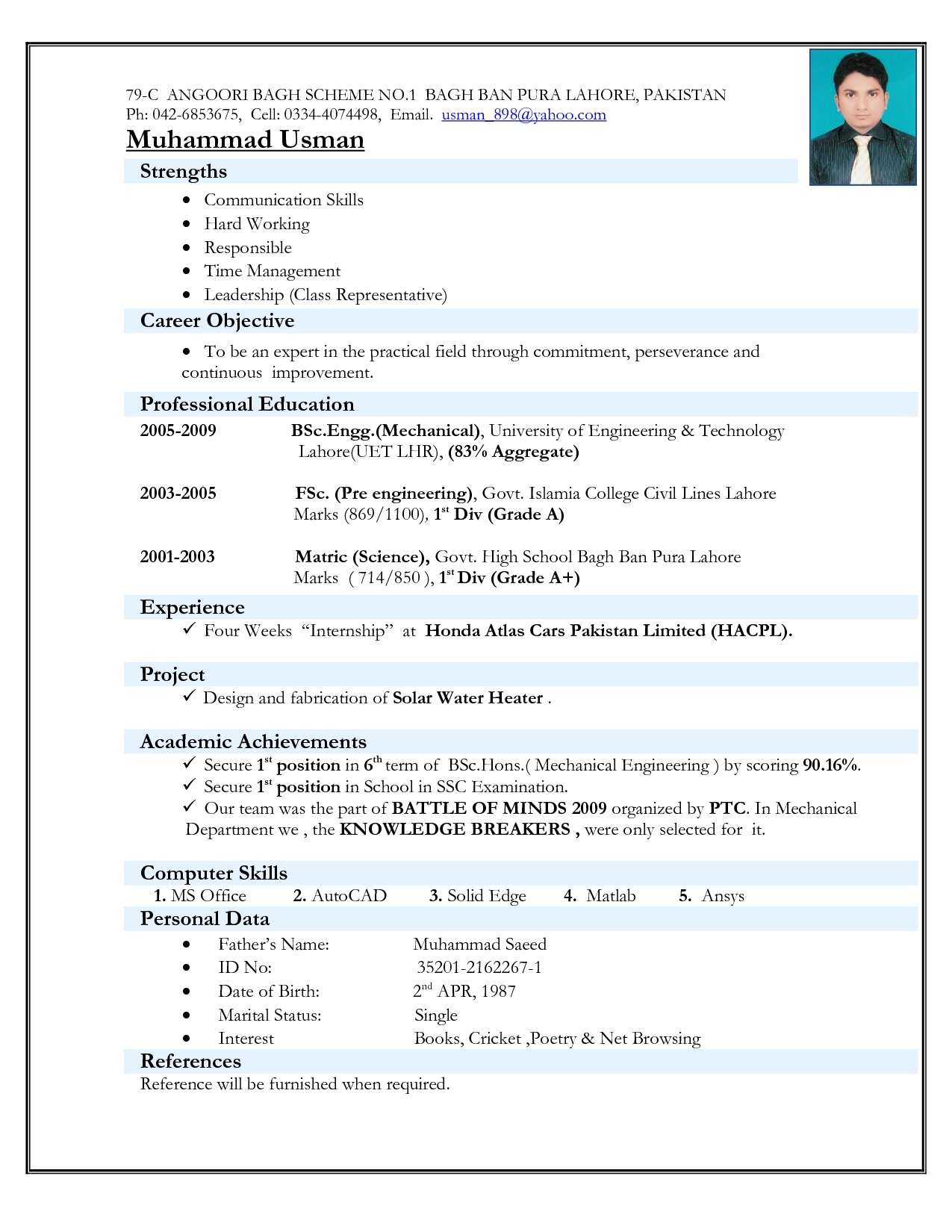 A Resume Format For Fresher 