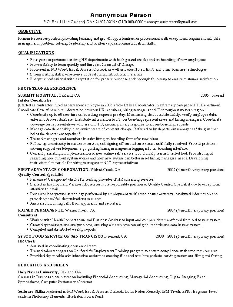 Resume Examples Human Resources 
