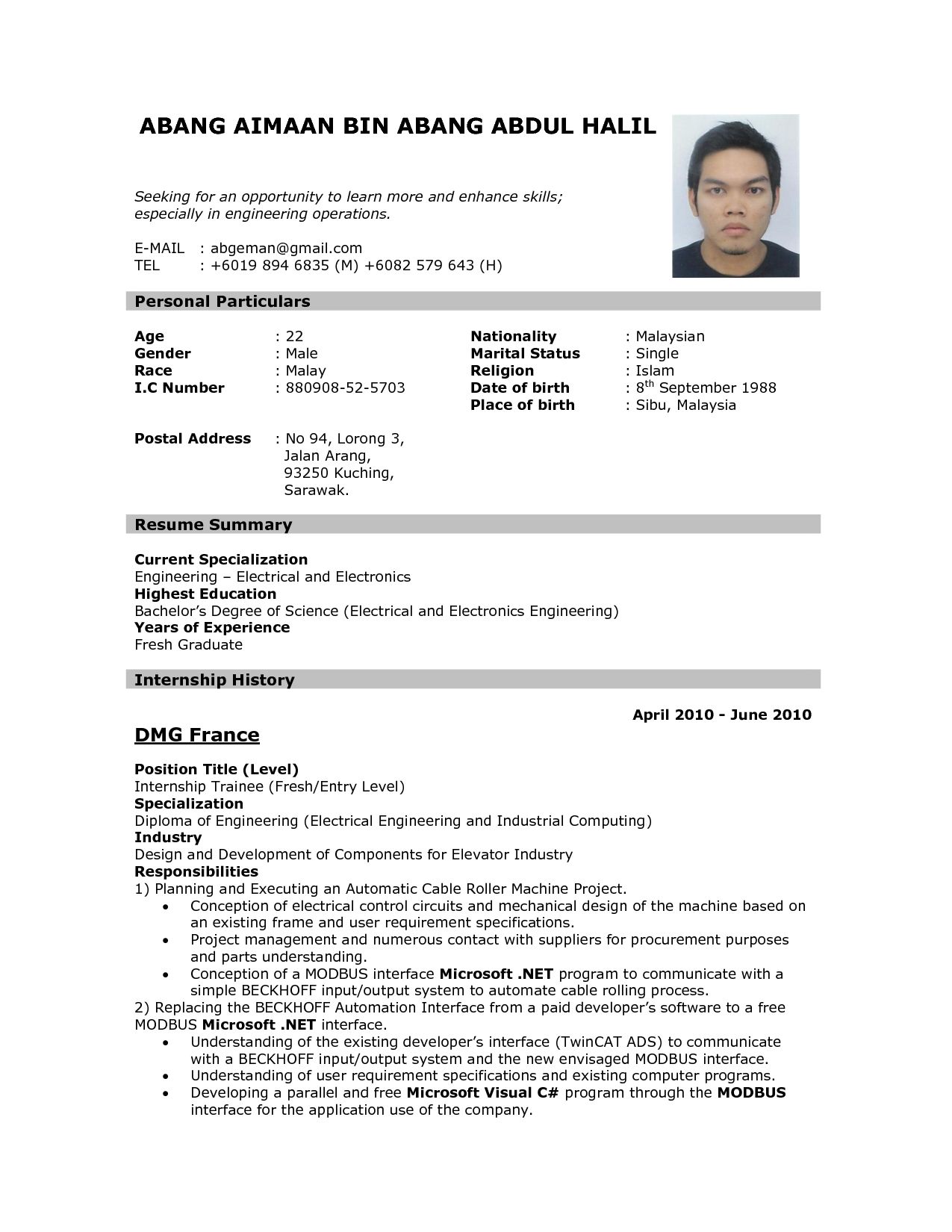 Model resume for job application