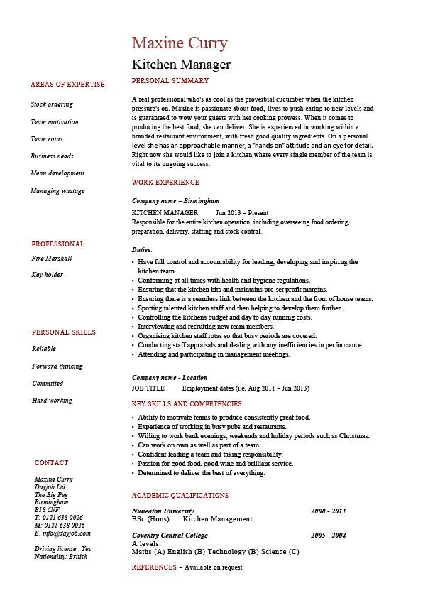 Resume Examples Kitchen Manager 