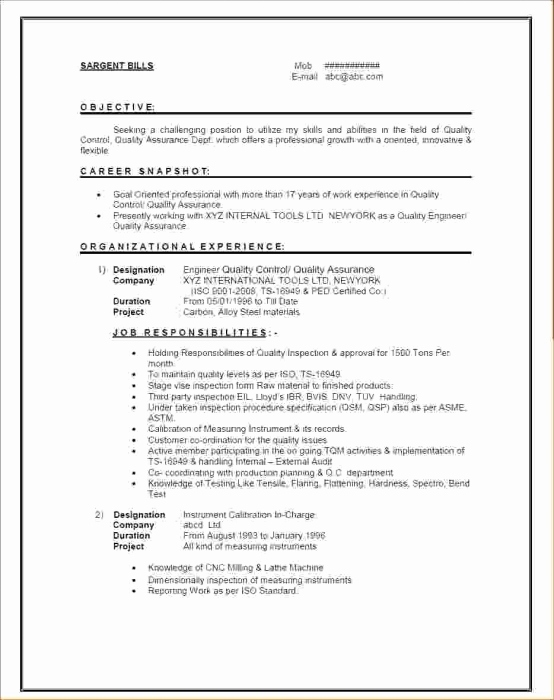 Resume Format Quality Control Engineer 